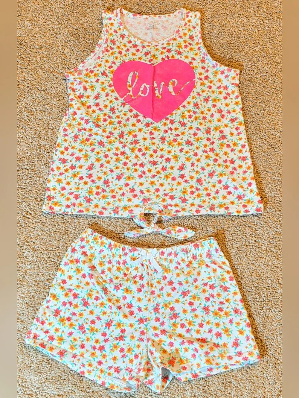 2-Piece Set, Girl Floral Print Outfit in White, Pink, Orange, Yellow